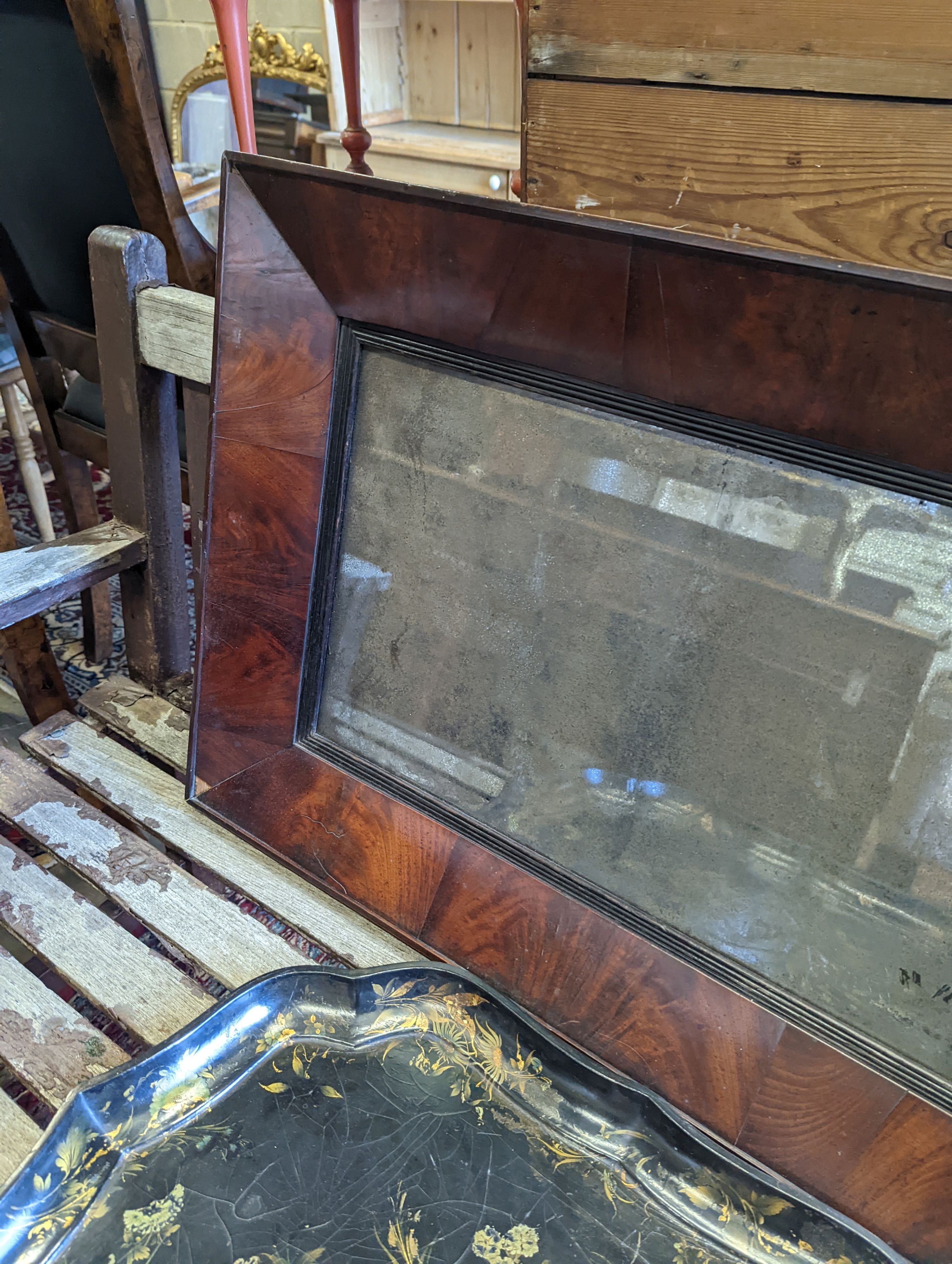 A Victorian papier-mache tray together with a Victorian rectangular mahogany wall mirror, width 82cm, height 57cm